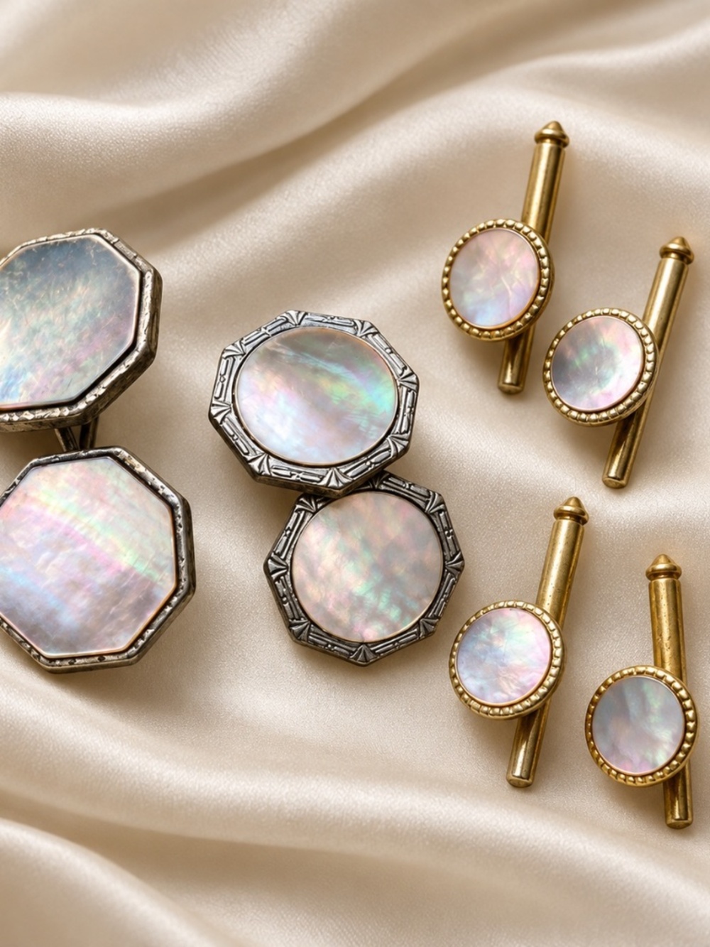 Vintage Mother-of-Pearl Cufflinks & 4 Shirt Studs Formal Dress Set